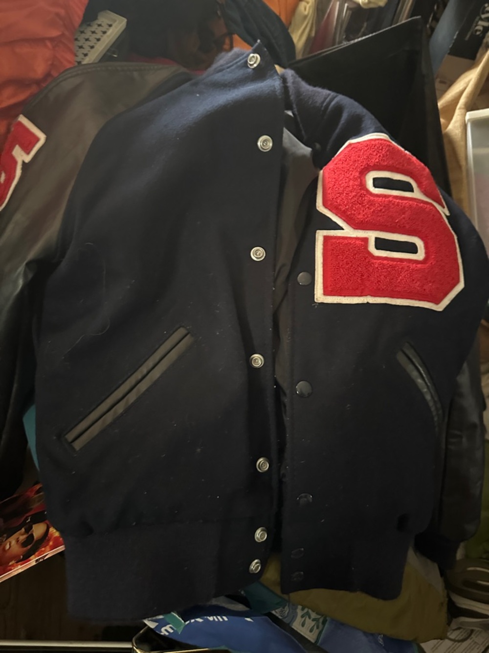 Navy Wool Varsity Letterman Jacket with Red 'S' Patch